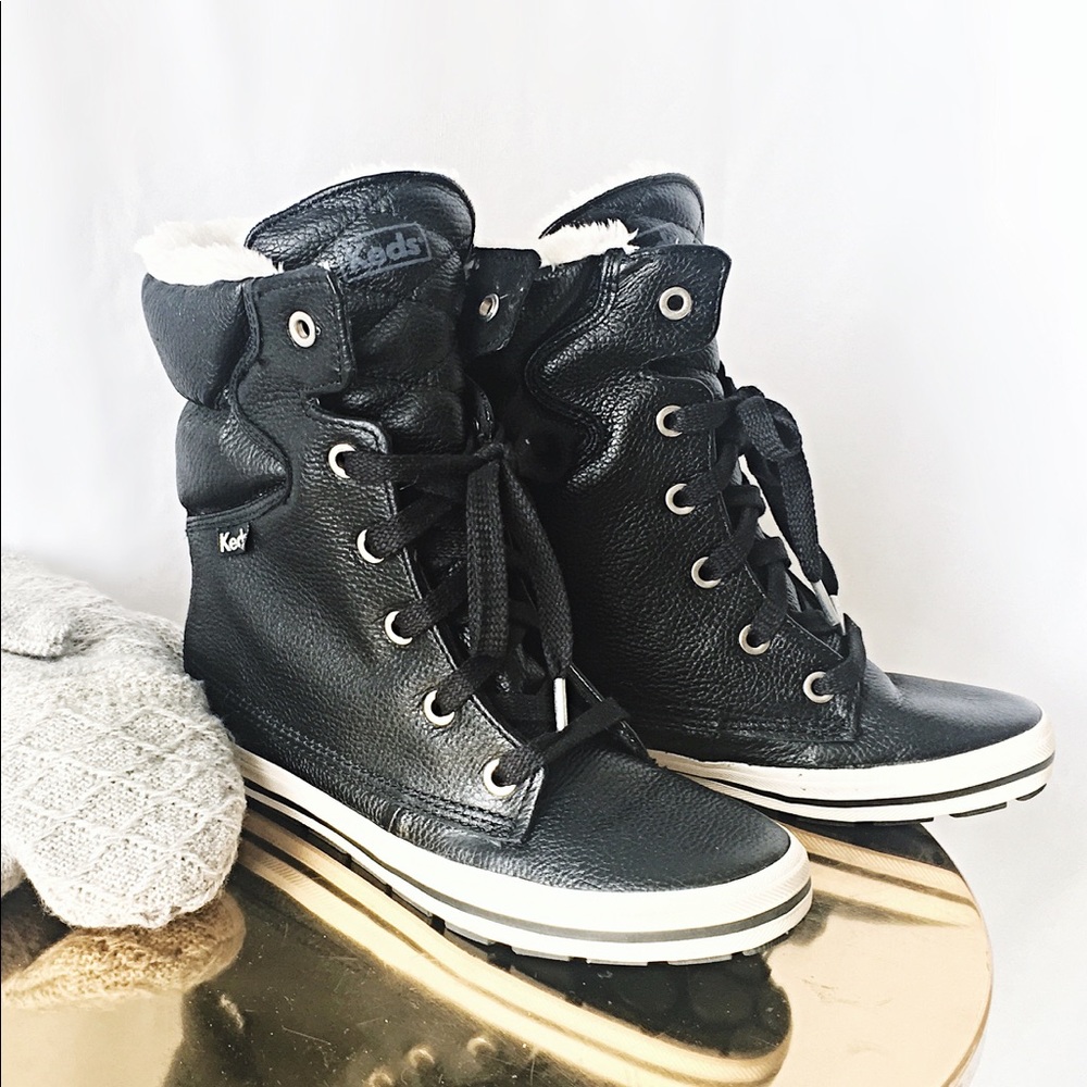 Keds Black Leather Fur-lined Hi-tops Boots